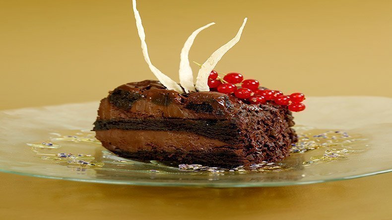 Black chocolate cake with honey-lavender sauce