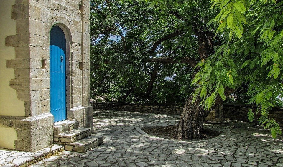 Slate, Square, Tree, Door, Stone, Village, Cyprus