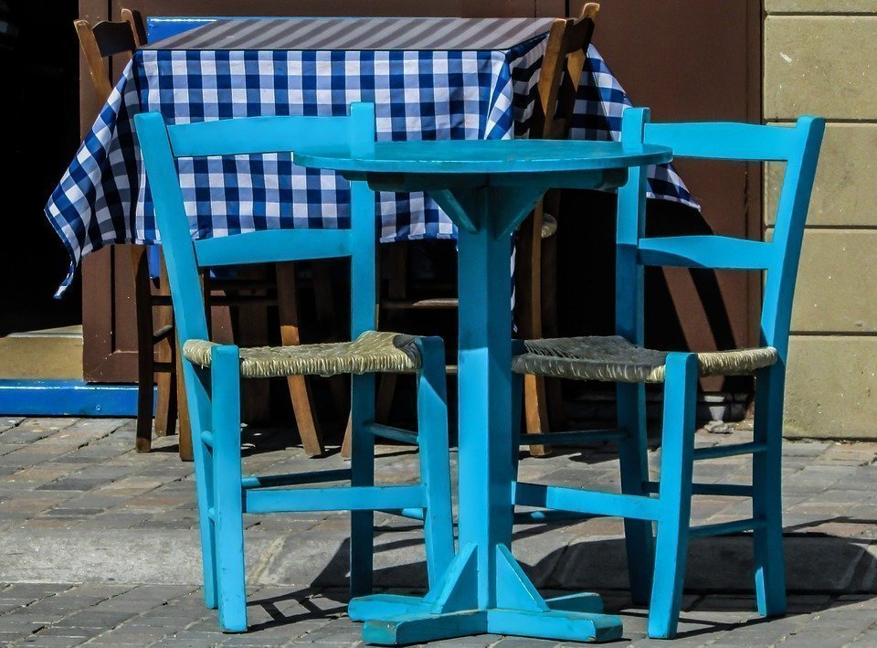 Tavern, Greek, Table, Chairs, Blue, Tourism, Cyprus
