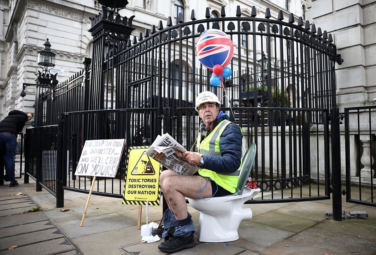 Activist Steve Bray Demonstrates With A Toilet Outside The Gates Of Downing Street