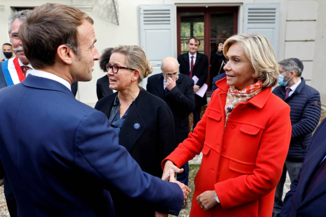 File Photo: French President Emmanuel Macron Greets Paris' Ile De France President And Candidate To The French Right Wing Les Republicains Primary Election Valerie Pecresse At The Emile Zola House In Medan