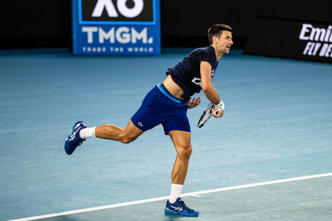 Serbian Tennis Player Novak Djokovic Practices At Melbourne Park
