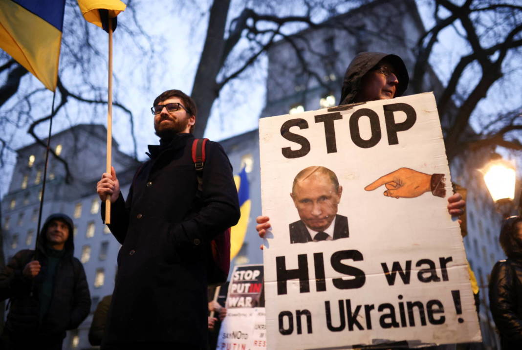 People Attend A Pro Ukrainian Demonstration On Whitehall, Opposite Downing Street, In Central London