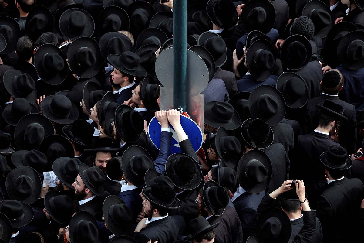 Ultra Orthodox Jewish Men Gather During The Funeral Procession Of Prominent Rabbi Chaim Kanievsky Who Died At 94, In Bnei Brak, Near Tel Aviv