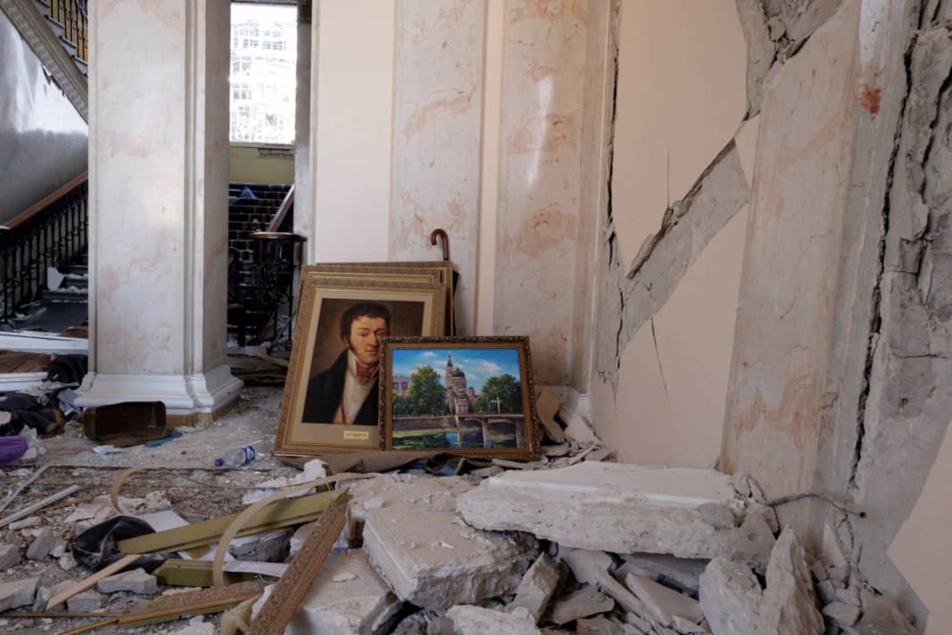 Paintings Stand In The Corridor Of The Regional Administration Building That Was Severely Damaged By Shelling In Kharkiv