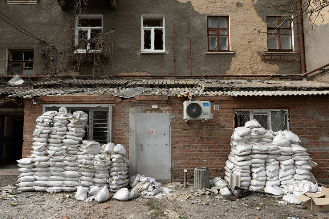 An Apartment Building Is Covered With Sandbags During A Fight Amid Russia's Invasion In Ukraine, In Slovyansk
