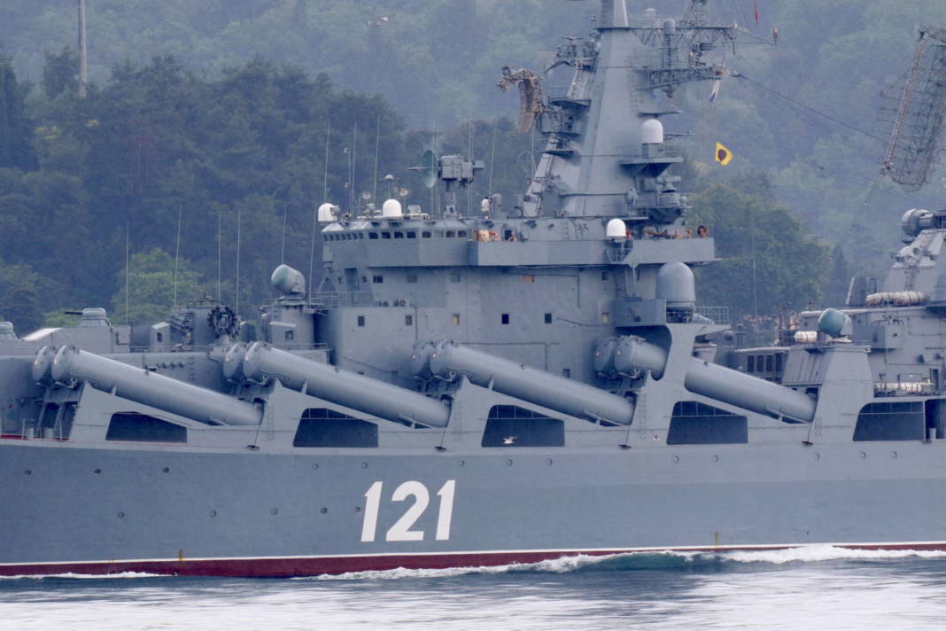 The Russian Navy's Guided Missile Cruiser Moskva Sails In Istanbul's Bosphorus