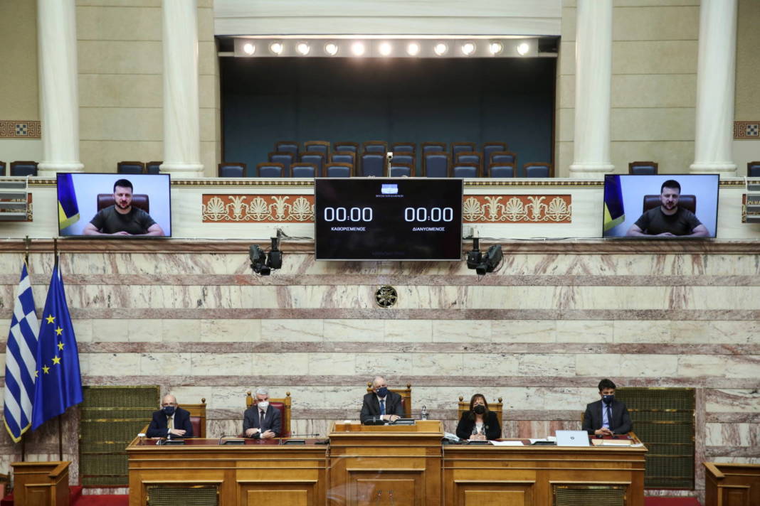 Ukrainian President Zelenskiy Addresses The Greek Parliament Via Teleconference In Athens