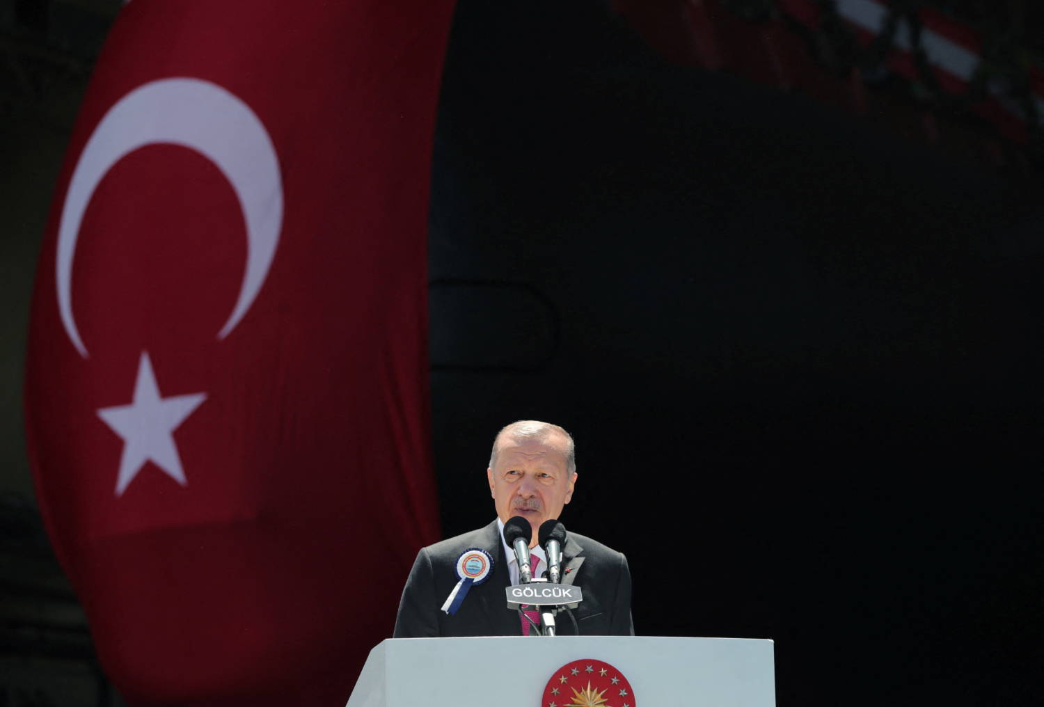 Turkish President Erdogan Speaks During A Ceremony At The Golcuk Naval Shipyard