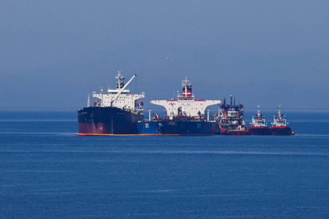 The Liberian Flagged Oil Tanker Ice Energy Transfers Crude Oil From The Iranian Flagged Oil Tanker Lana (former Pegas) Off The Shore Of Karystos