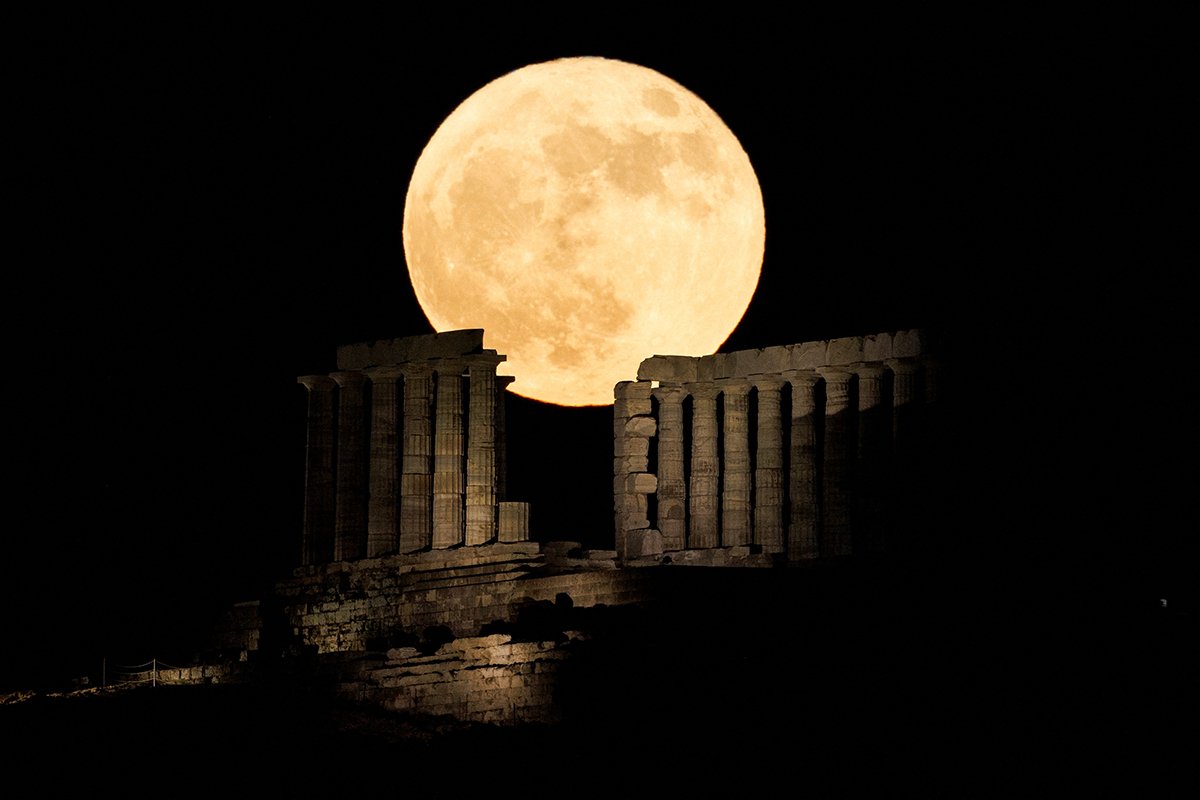 Strawberry Moon Rises Behind The Temple Of Poseidon