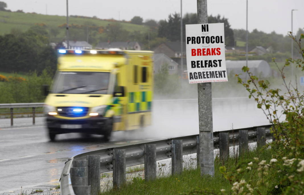 An Anti Northern Ireland Protocol Poster Is Seen Next To A Road Approaching Larne