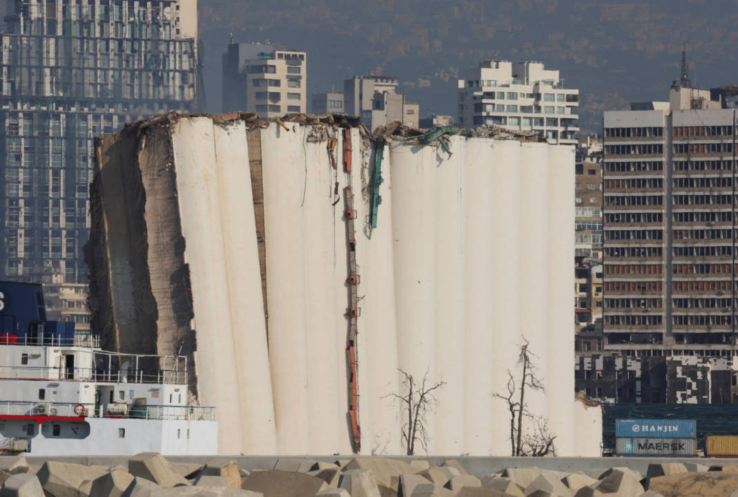 A View Shows Partially Collapsed Beirut Grain Silos, Damaged In The August 2020 Port Blast, In Beirut