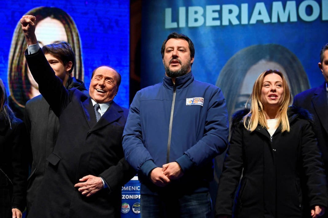 File Photo: Former Italian Prime Minister And Leader Of The Forza Italia Party Silvio Berlusconi, Brothers Of Italy Party Leader Giorgia Meloni And League Party Leader Matteo Salvini Attend A Rally Ahead Of A Regional Election In Emilia Romagna, In Ravenna