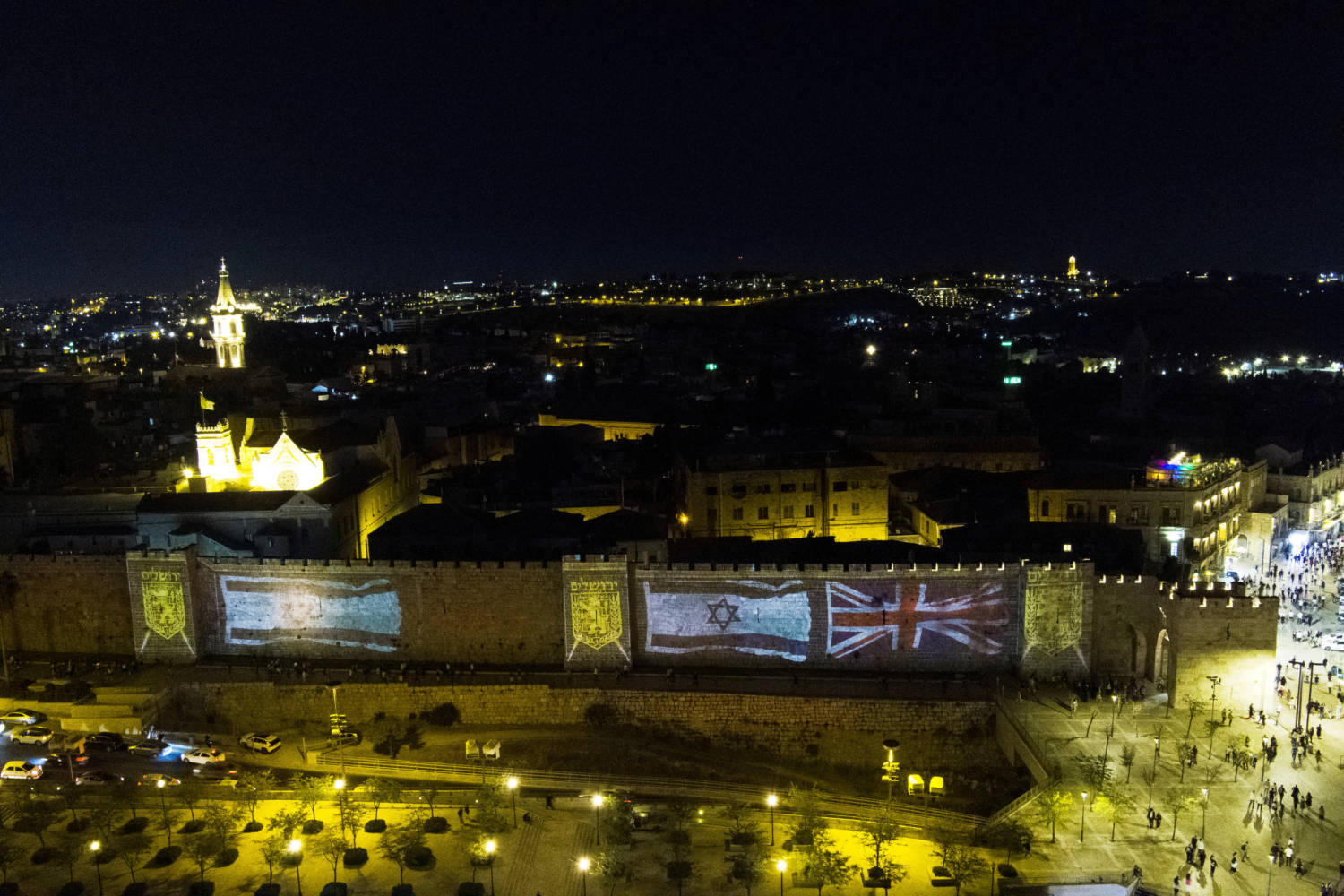 The Union Jack Flag And Israel's National Flag Are Projected On The Walls Of Jerusalem's Old City Following The Death Of Queen Elizabeth, In Jerusalem