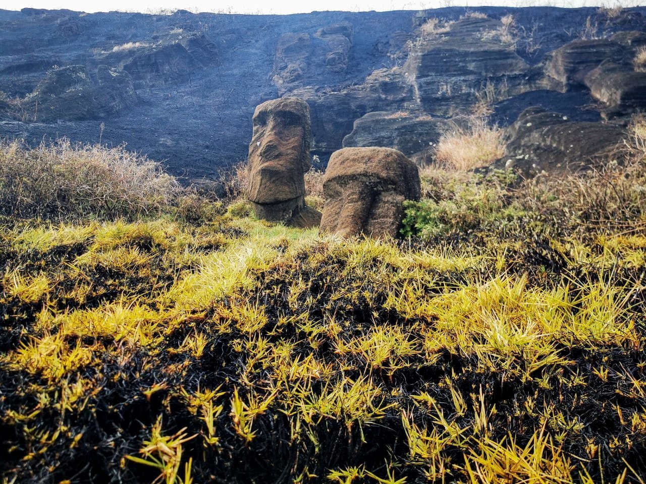 Damaged Moai Statues Are Seen After A Wildfire At A Local Park, In Easter Island
