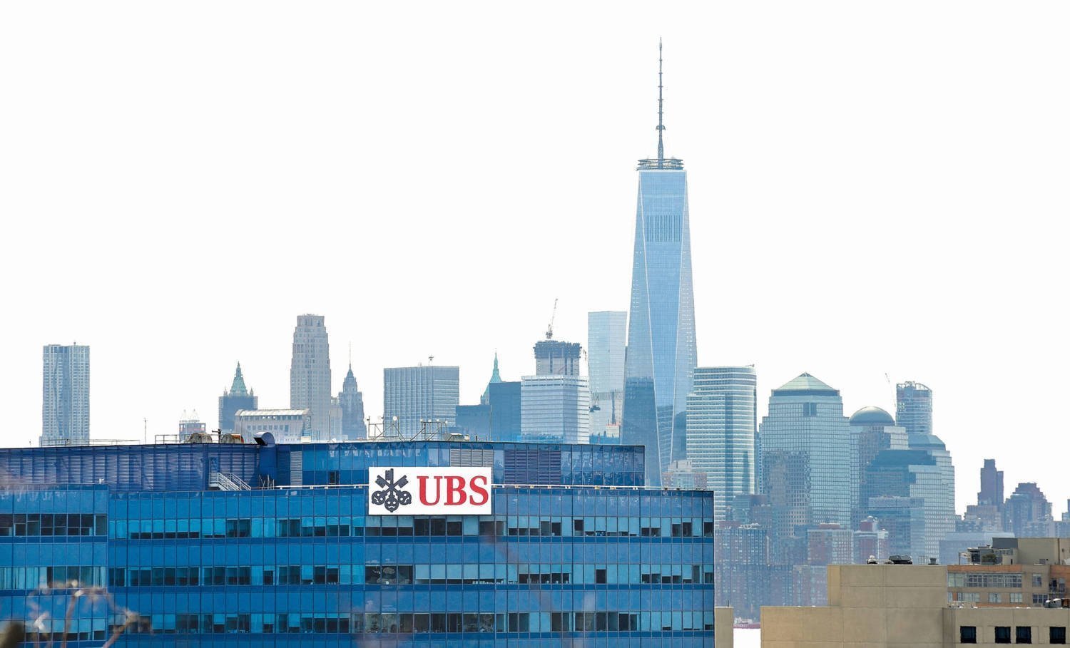 Ubs Building In Weehawken, Usa. Exterior With Ubs Key Symbol And Logo.