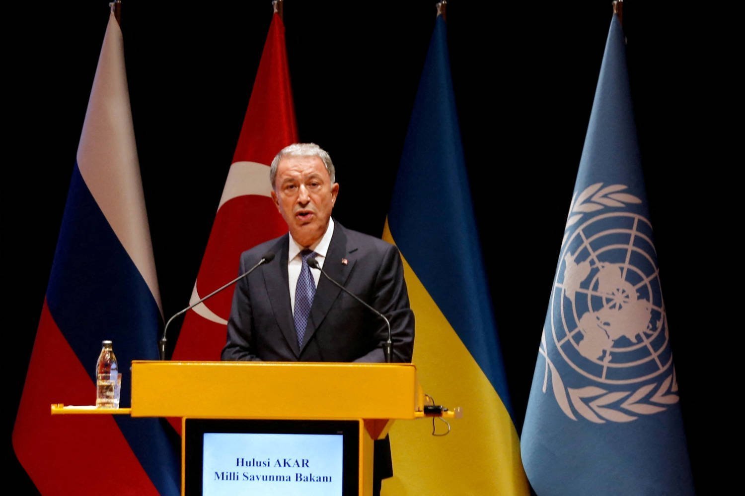 File Photo: Turkish Defence Minister Akar Speaks During A News Conference At Jcc In Istanbul