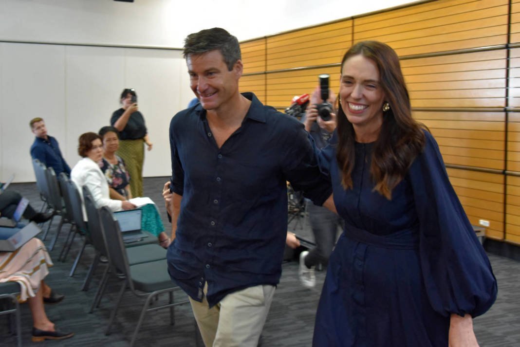 New Zealand Prime Minister Jacinda Ardern Leaves With Longtime Partner Clarke Gayford Following The Announcement Of Her Resignation At The War Memorial Hall, In Napier