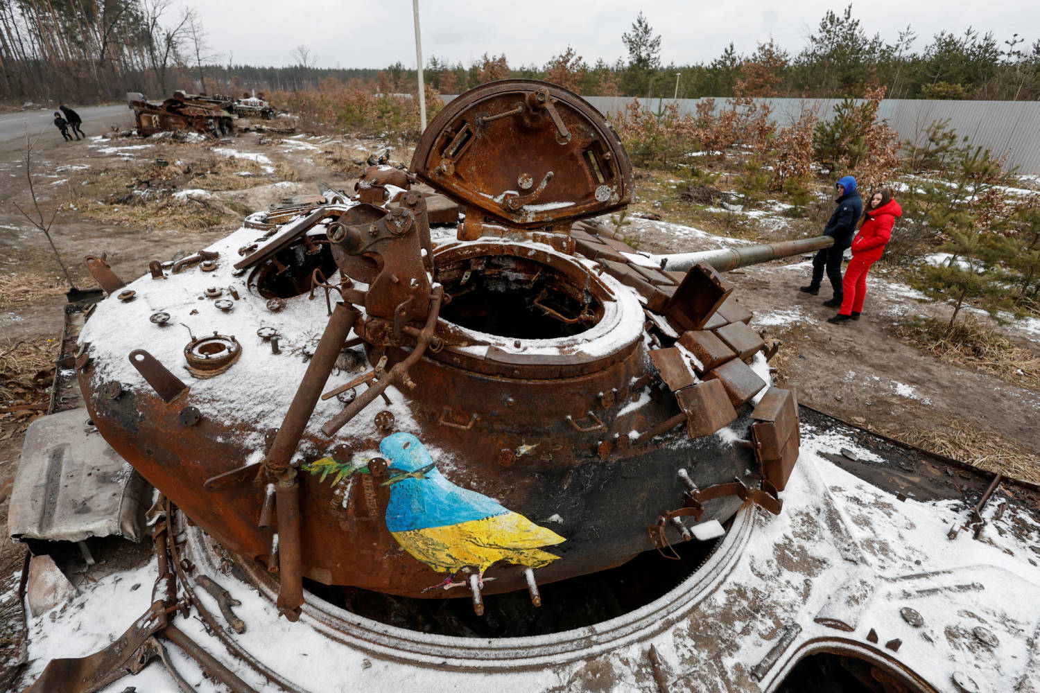 Artwork Of The Famous Street Artist Tvboy Is Seen On A Destroyed Russian Tank In The Village Of Dmytrivka, Outside Kyiv