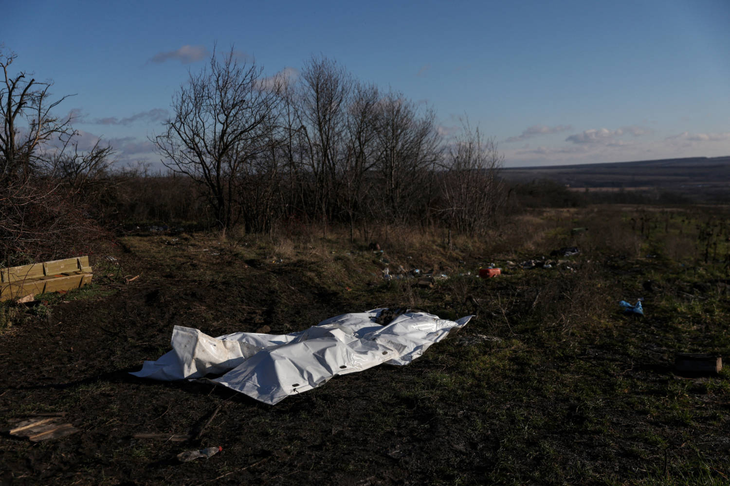 Bodies Of Dead Russian Soldiers Lay Covered For The Exchange Of Fallen Ukrainian Soldiers Remains In The Former Russian Occupied Region Of Donetsk Oblast Region