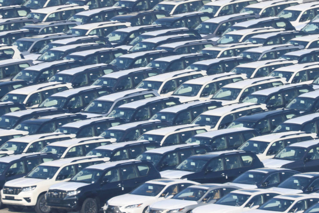 View Of A Parking Lot With New Cars For Export, At The Belgian Port Of Zeebrugge