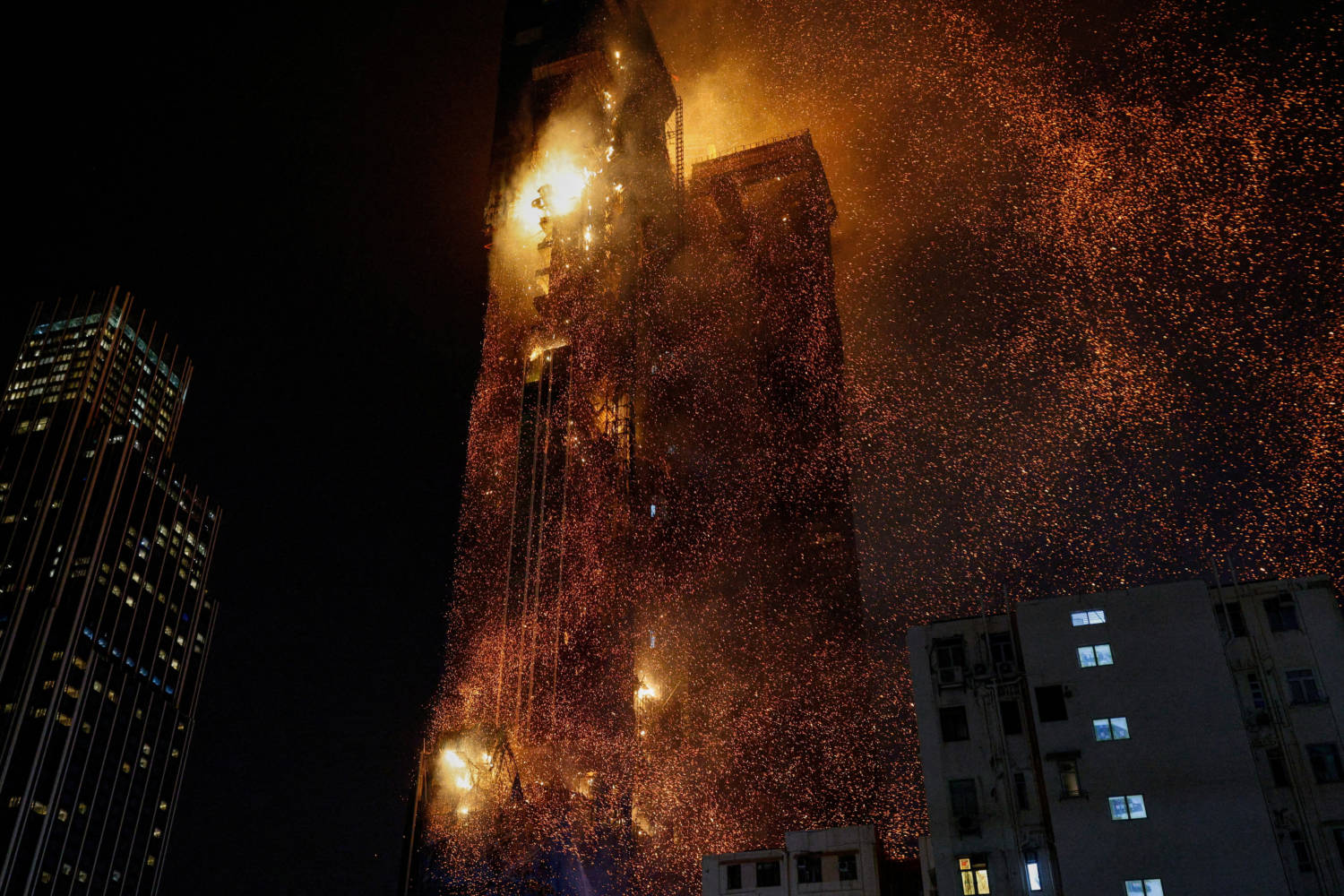 A Building Is Seen On Fire In Hong Kong