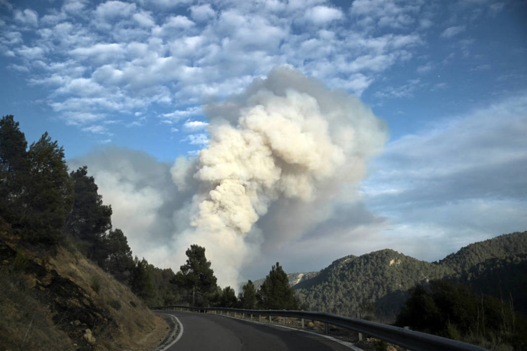 A Plume Of Smoke Is Pictured During A Wildfire In Fuente De La Reina, Spain