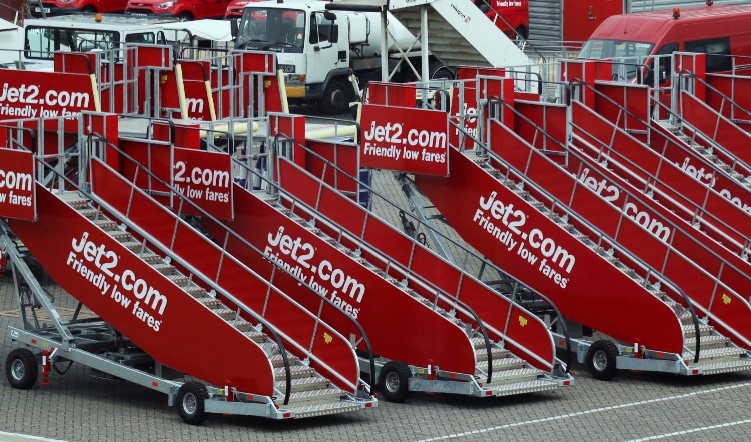 File Photo: File Photo: Jet2.com Aircraft Boarding Stairs Are Stored At Stansted Airport In Stansted, Britain