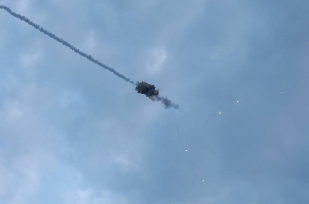 An Explosion Is Seen In The Sky Over The City During A Russian Missile Strike In Kyiv