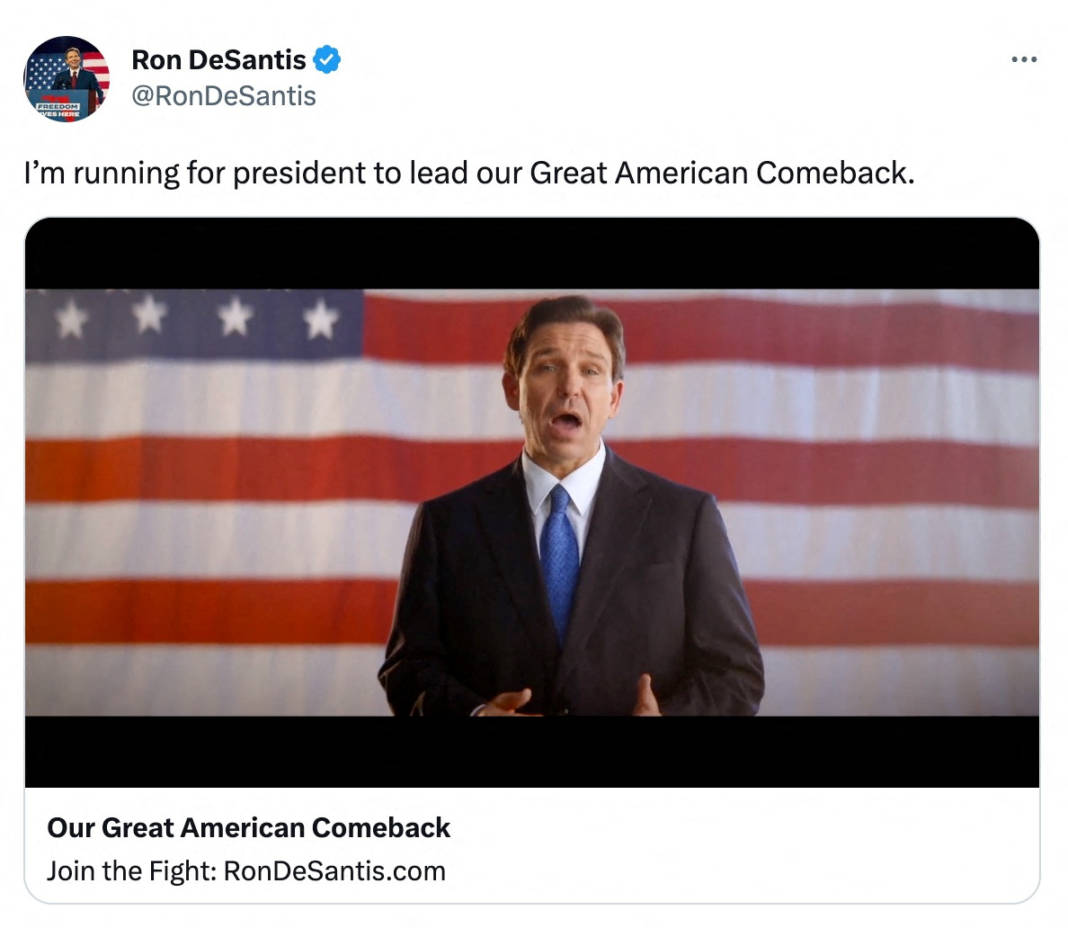 A Tweet From Florida Governor Ron Desantis Announcing He Is Running For The 2024 Republican Presidential Nomination Is Seen Is This Screen Grab