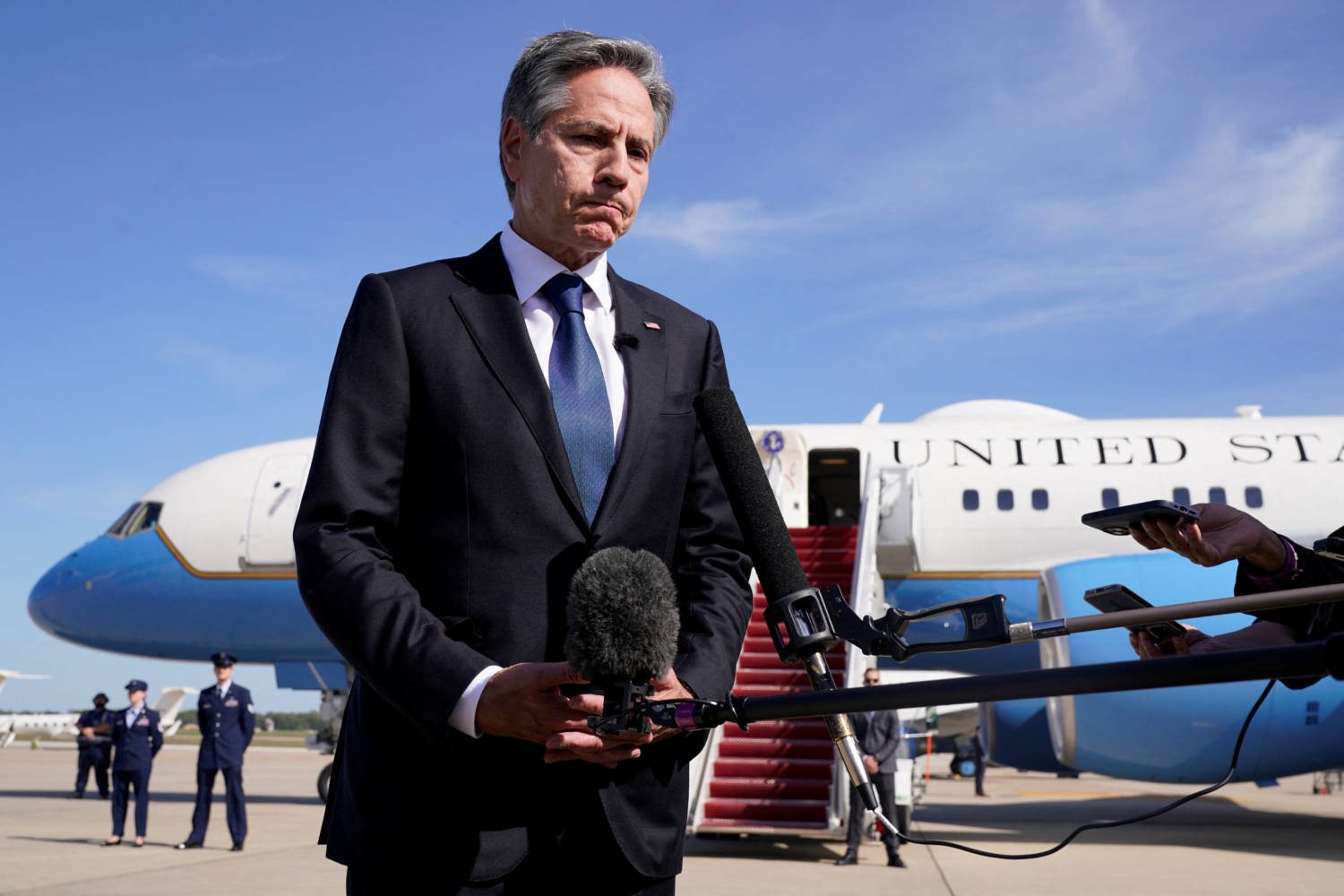 U.s. Secretary Of State Antony Blinken Speaks To Reporters Ahead Of His Departure On His Way To Israel, At Joint Base Andrew