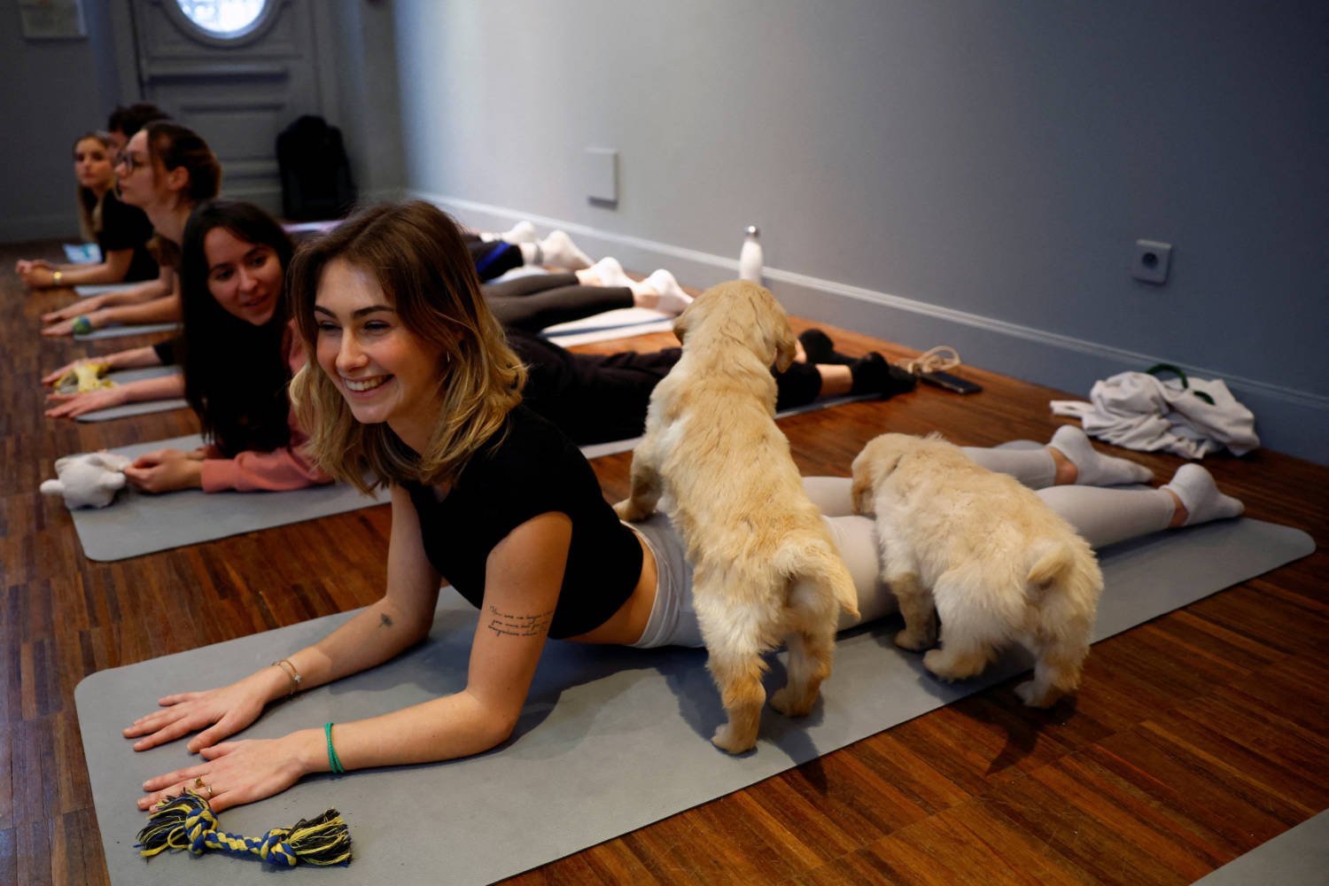 Parisians Relieve Year End Stress With Puppy Yoga Class