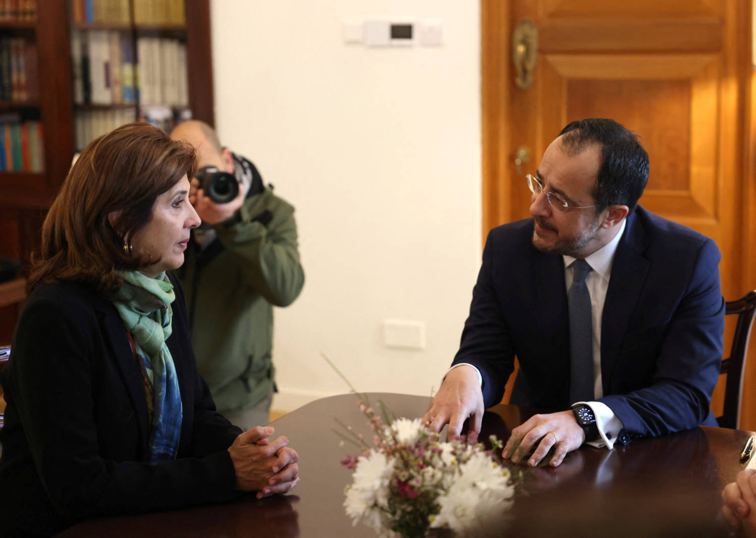 Cypriot President Nikos Christodoulides And Un Envoy On Cyprus Maria Angela Holguin Cuellar Talk During A Meeting At The Presidential Palace In Nicosia