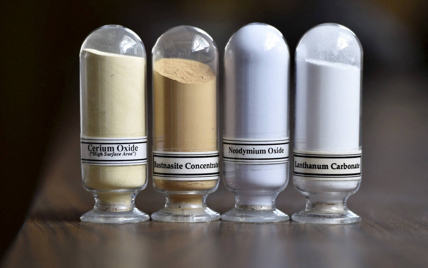 Samples Of Rare Earth Minerals, Cerium Oxide, Bastnasite, Neodymium Oxide And Lanthanum Carbonate Are On Display During A Tour Of Molycorp's Mountain Pass Rare Earth Facility In Mountain Pass, California
