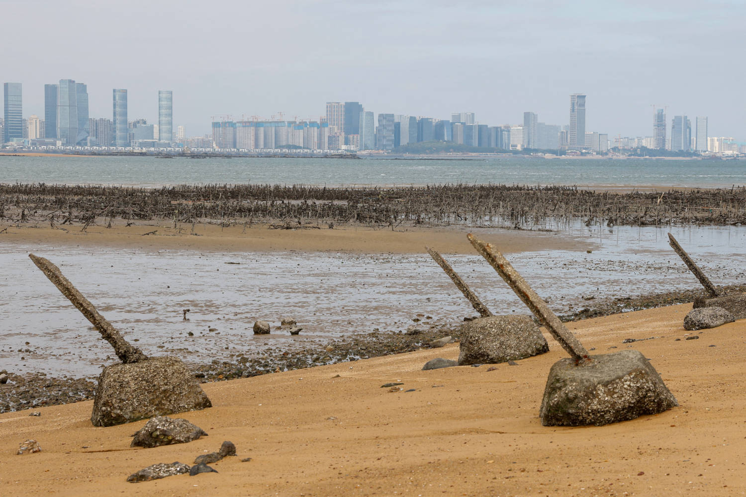File Photo: Anti Landing Barricades Are Seen On The Beach With China's Xiamen In The Background In Kinmen