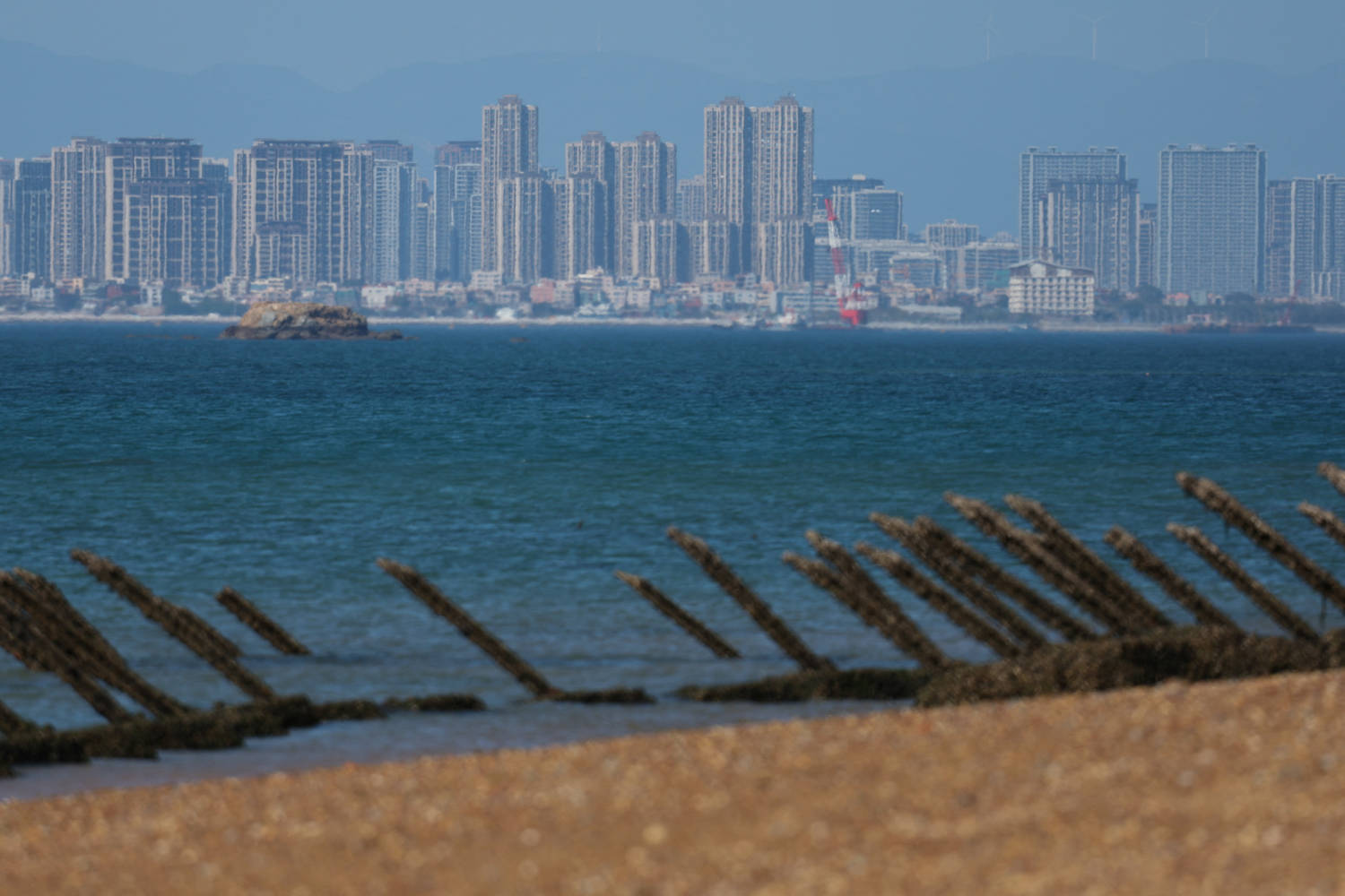 Anti Landing Barricades Are Pictured On The Beach, With China's Xiamen City In The Background, In Kinmen
