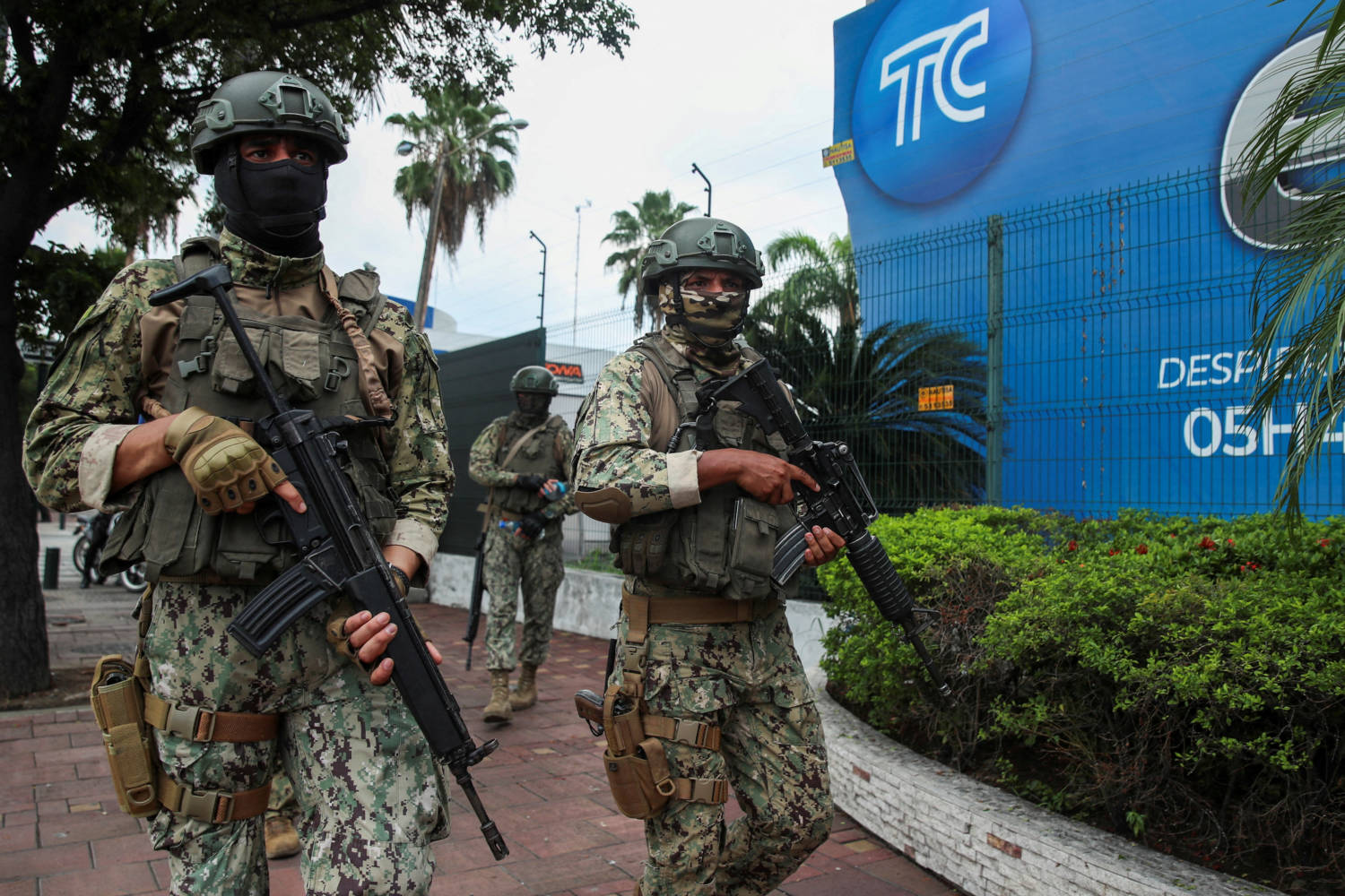 File Photo: Members Of Security Forces Stand Guard Outside Local Tv Station Tc Following Ecuador's President Daniel Noboa's Visit, In Guayaquil