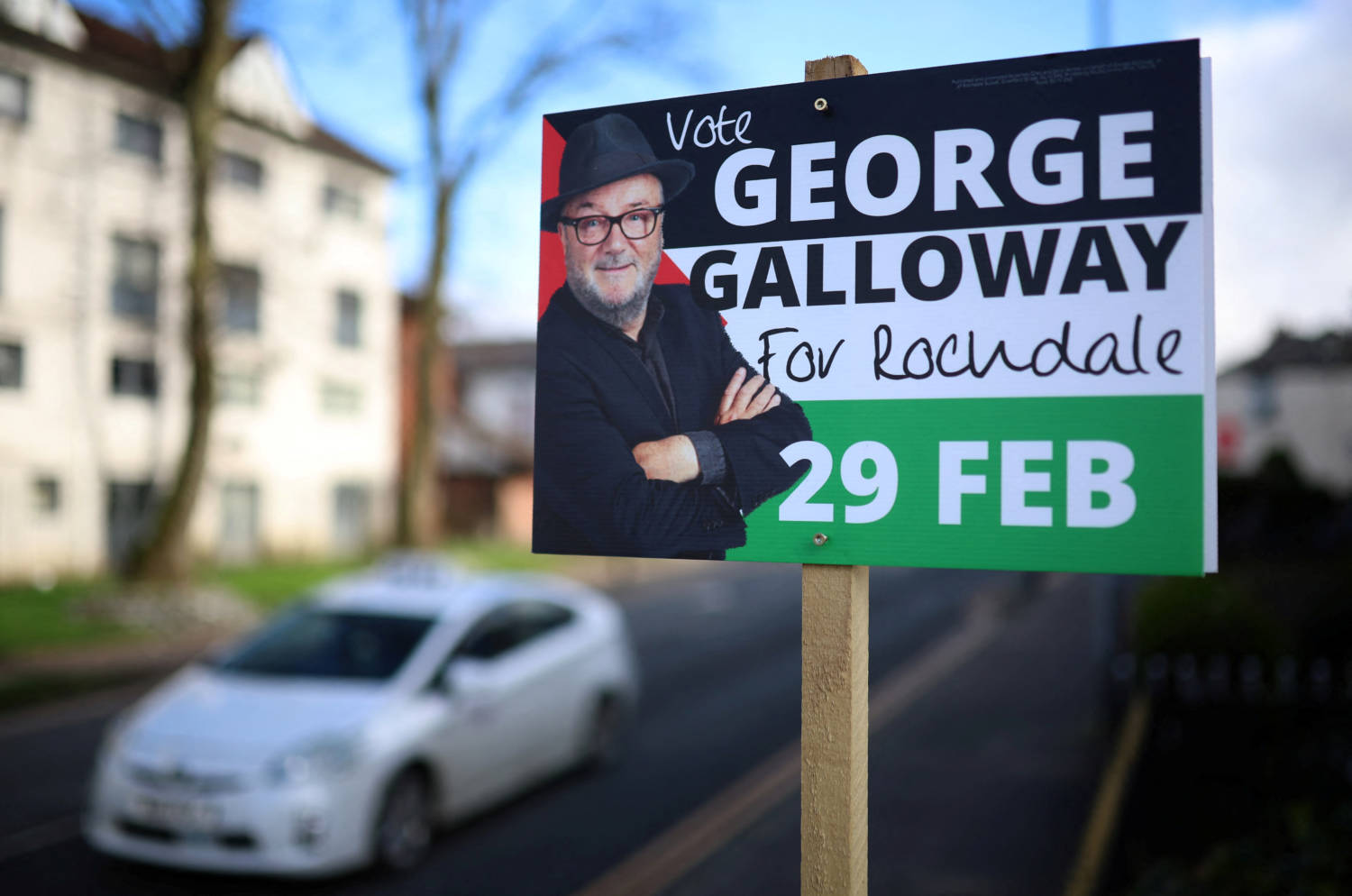 An Election Board Encouraging People To Vote For Candidate George Galloway, Leader Of The Workers Party Of Britain, Ahead Of The Upcoming Parliamentary By Election In Rochdale, Britain