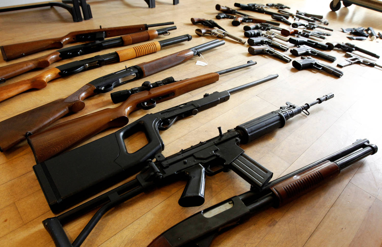 File Photo: Firearms Seized From A Gang Of Weapon Smugglers Are Displayed At The Federal Police Headquarters In Brussels