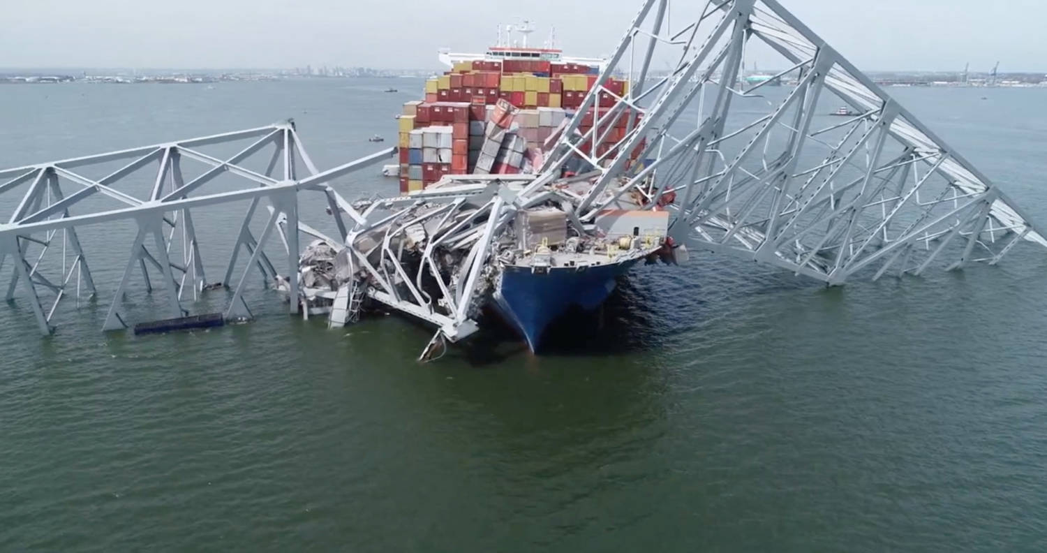 A Drone View Of The Dali Cargo Vessel, Which Crashed Into The Francis Scott Key Bridge Causing It To Collapse, In Baltimore