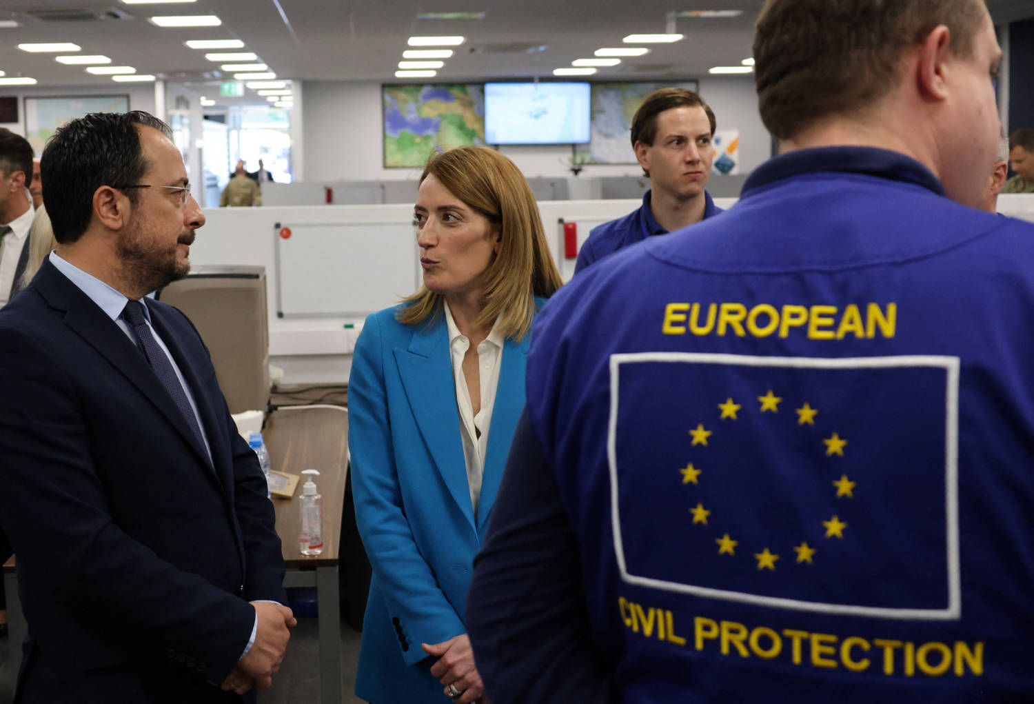 Cyprus' President Nikos Christodoulides And European Parliament President Roberta Metsola Talk Before A Press Conference At The Zenon Joint Rescue Coordination Center In Larnaca