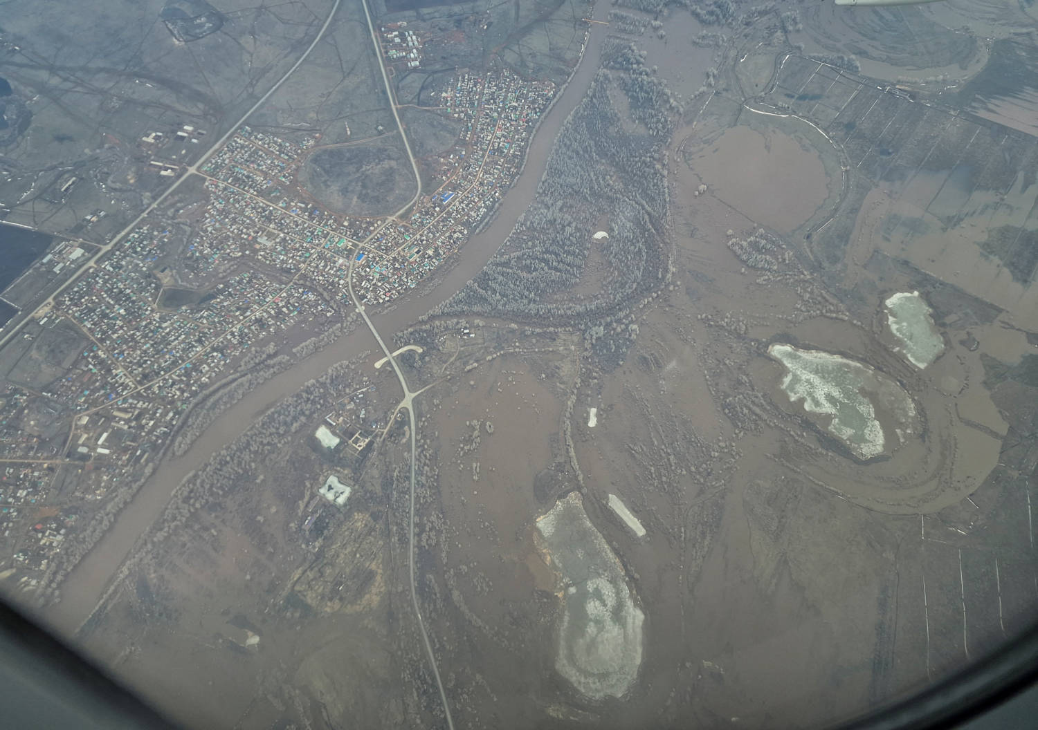 An Aerial Picture Taken From A Plane Shows A Flooded Area Near The City Of Orenburg
