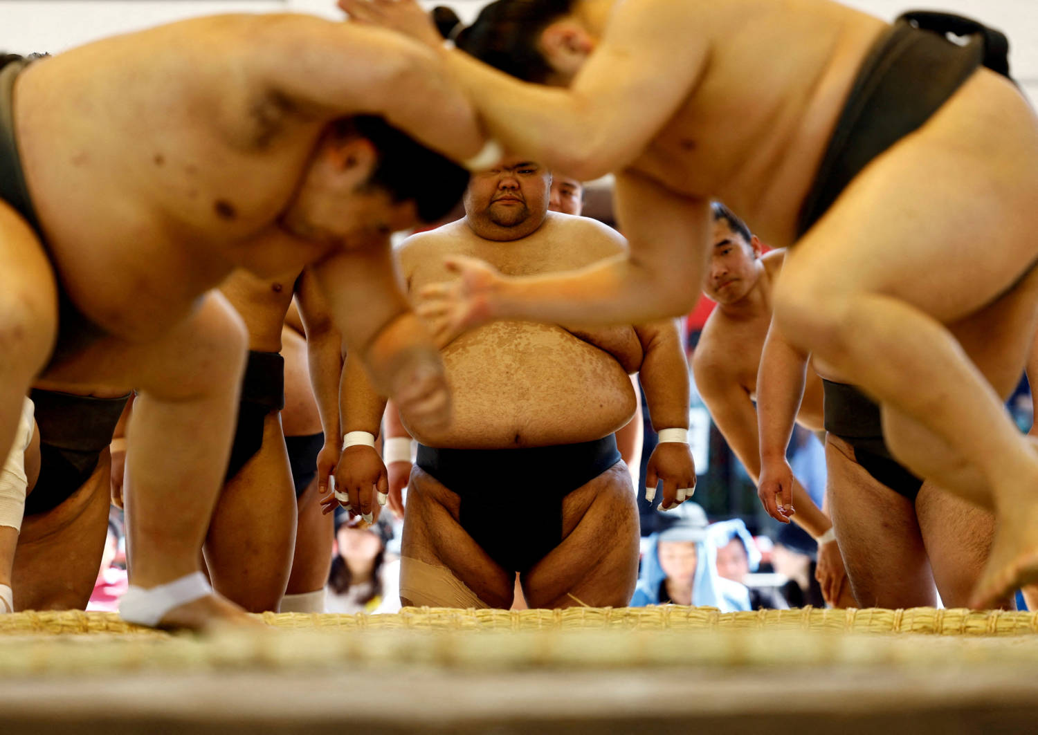 Sumo Wrestlers Take Part Is A Training Session Before The 