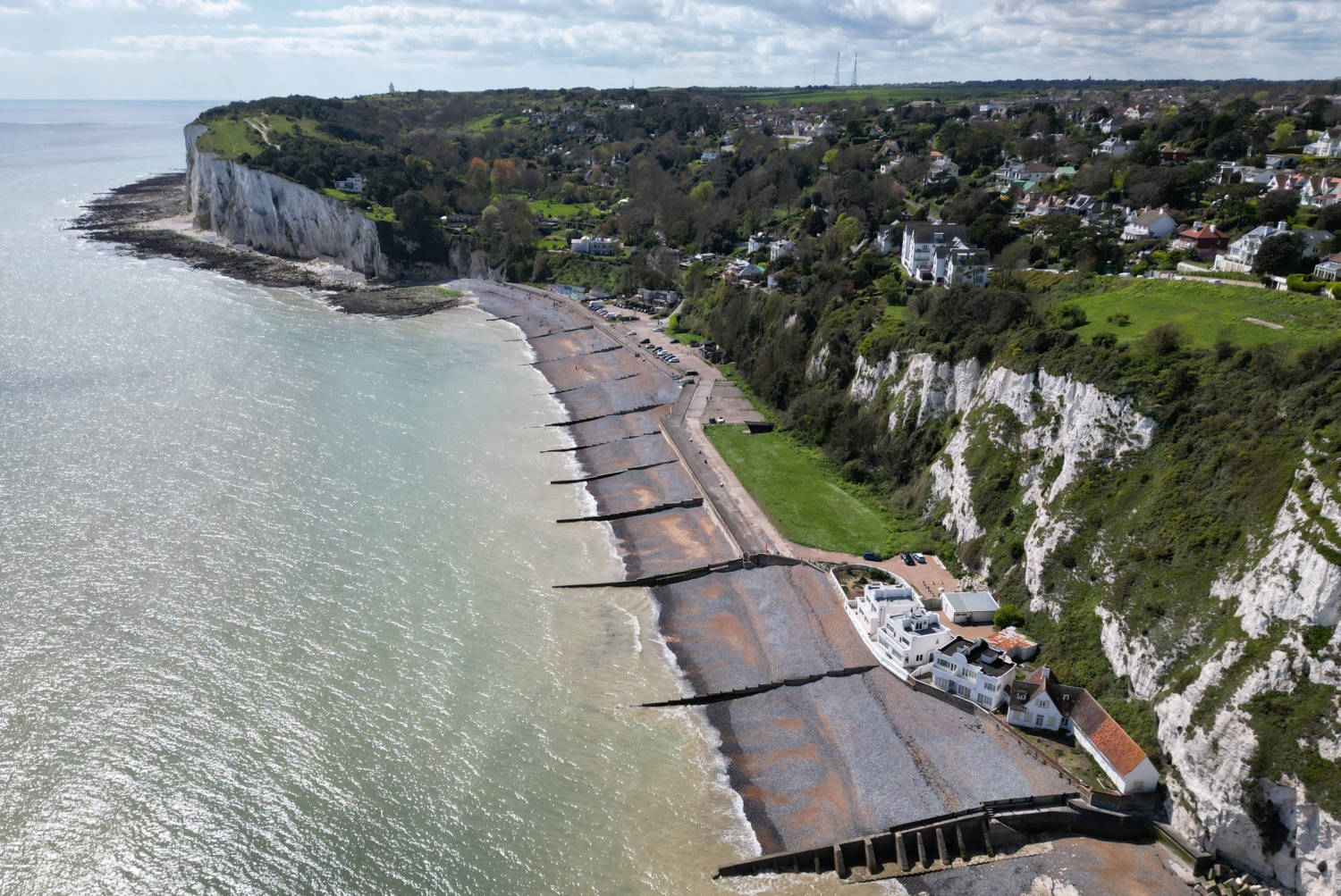 A Drone View Of The Chalk Cliffs At St Margaret's Bay And The English Channel Near The Coastal Port Town Of Dover