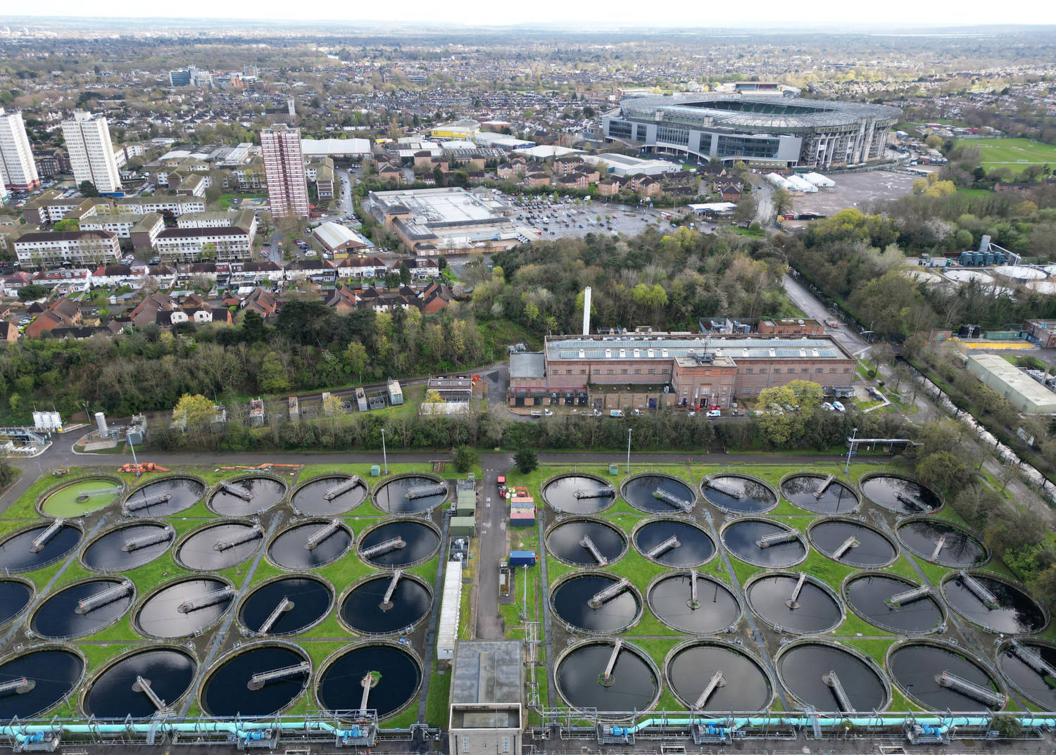 File Photo: A Drone View Shows Mogden Sewage Treatment Works, Owned By Thames Water, In West London