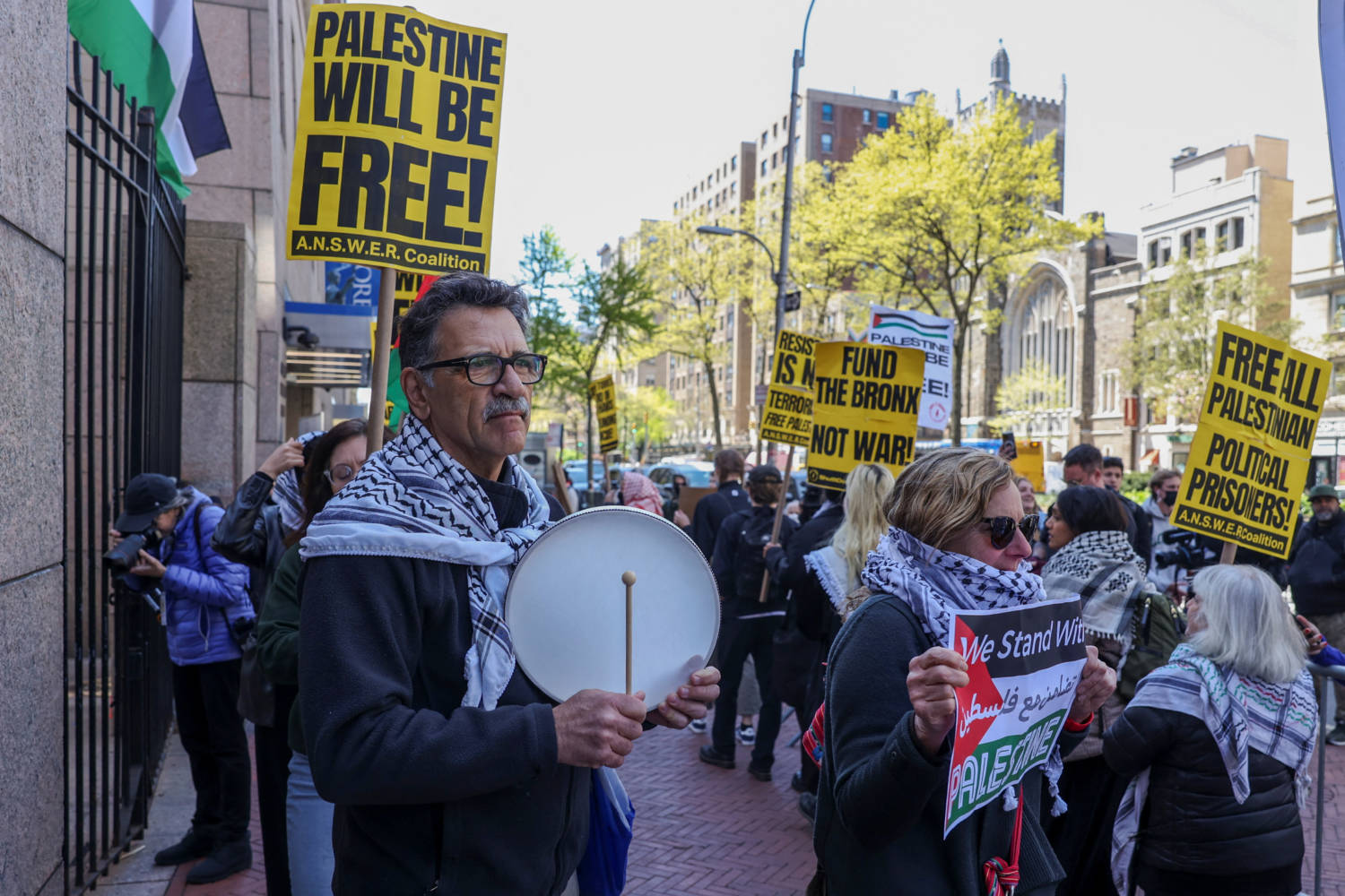 Demonstrators Hold A Protest Outside Columbia University In Support Of Palestinians In New York